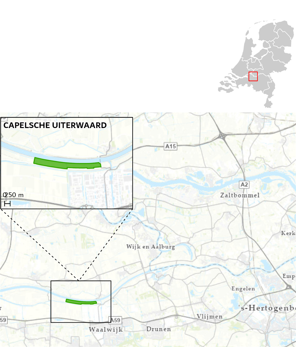 Kaart met in groen het maatregelgebied Capelsche uiterwaard aan de westkant van Waalwijk aangegeven.